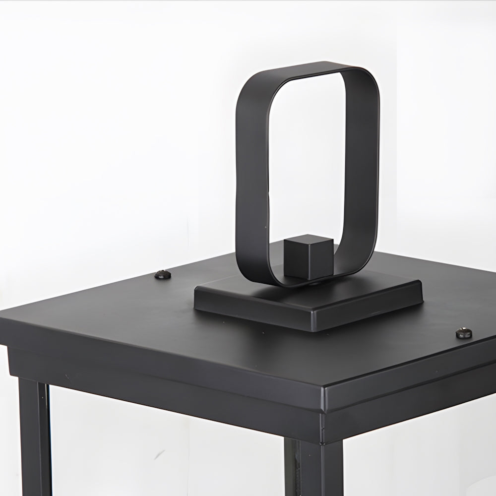 Silver Metal Table Lamp portable outdoor lantern with handle and black base featuring modern minimalist design