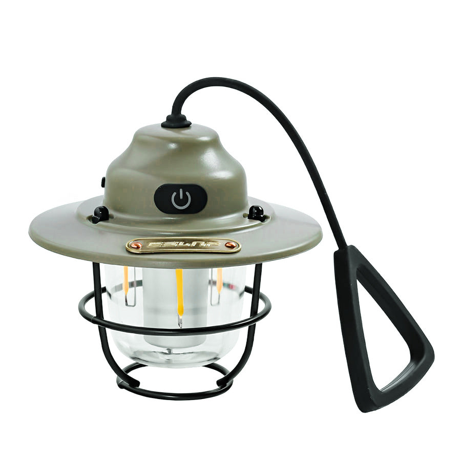 Portable hanging light with a black cage, highlighting its on-off switch and cord.