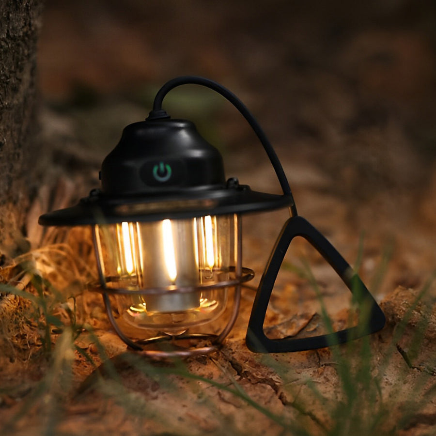 Portable hanging light with a black cage, providing soft illumination for a cozy garden setting.