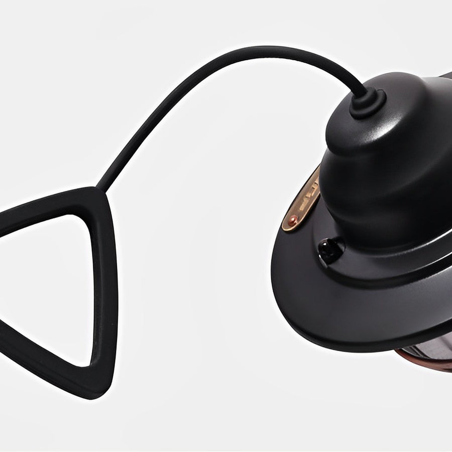 Portable hanging light with a black cage, displayed on a white background for a clean look.