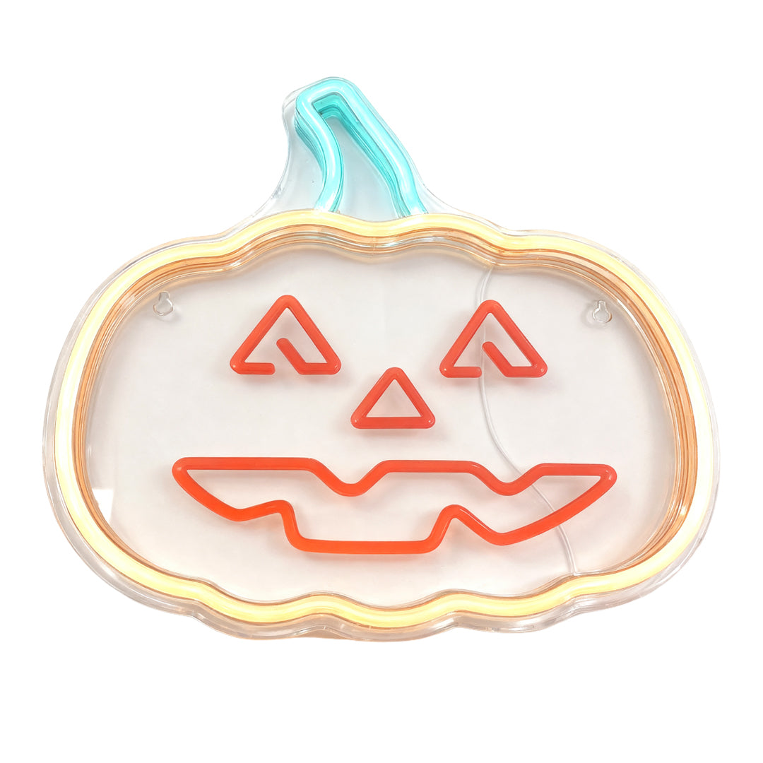 Portable jack-o-lantern halloween neon lights with orange outline and aqua blue stem on a white background.