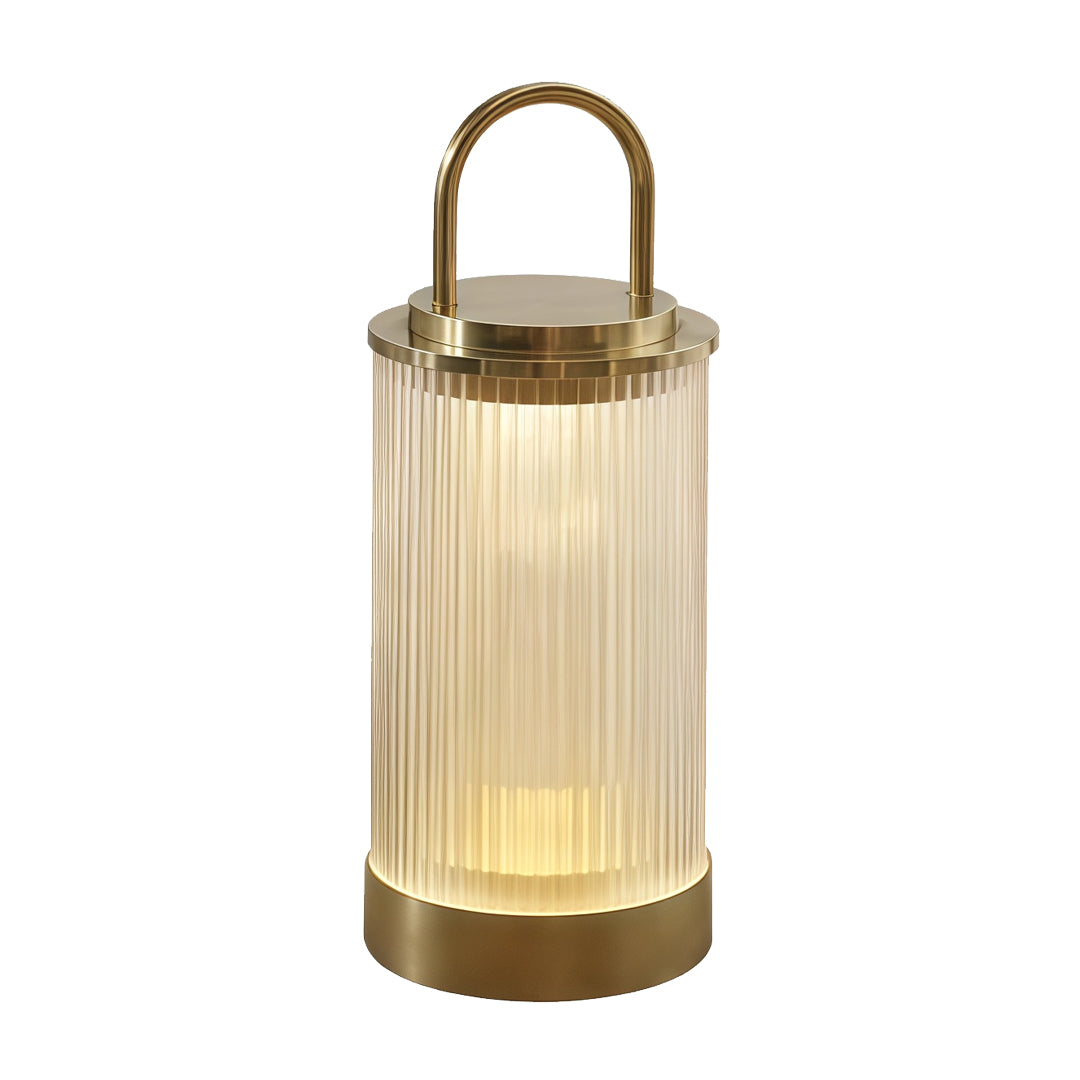 Portable lantern with tall frosted body and arching handle, presented against white background.