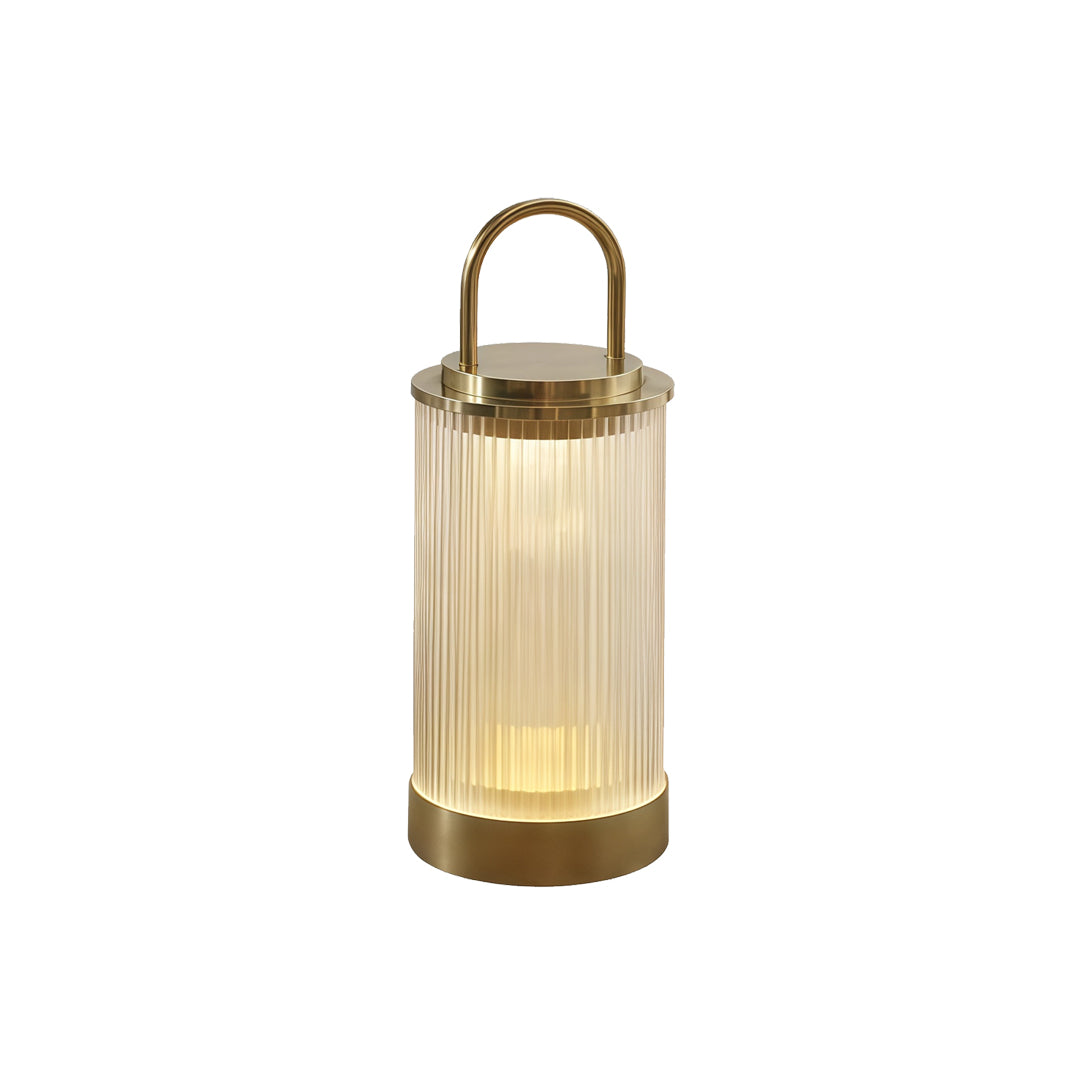 Minimalist portable lantern with ribbed body and metallic top shown on clean white background.