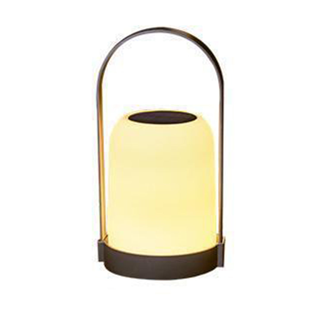 Portable LED lantern with cylindrical white shade and black metal handle against clean white background