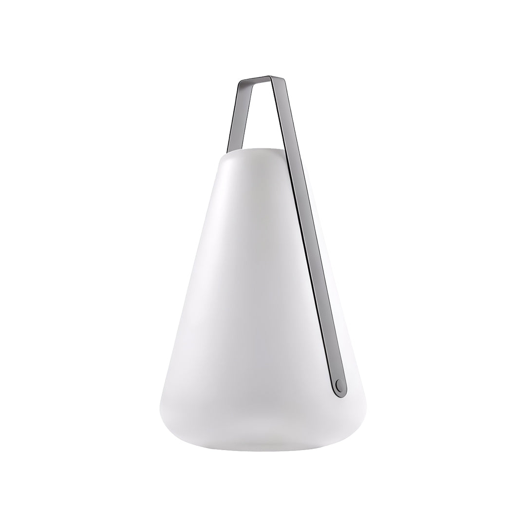 A modern portable led lantern with a clean tapered silhouette and metal hanging handle, offering versatile mobile lighting.