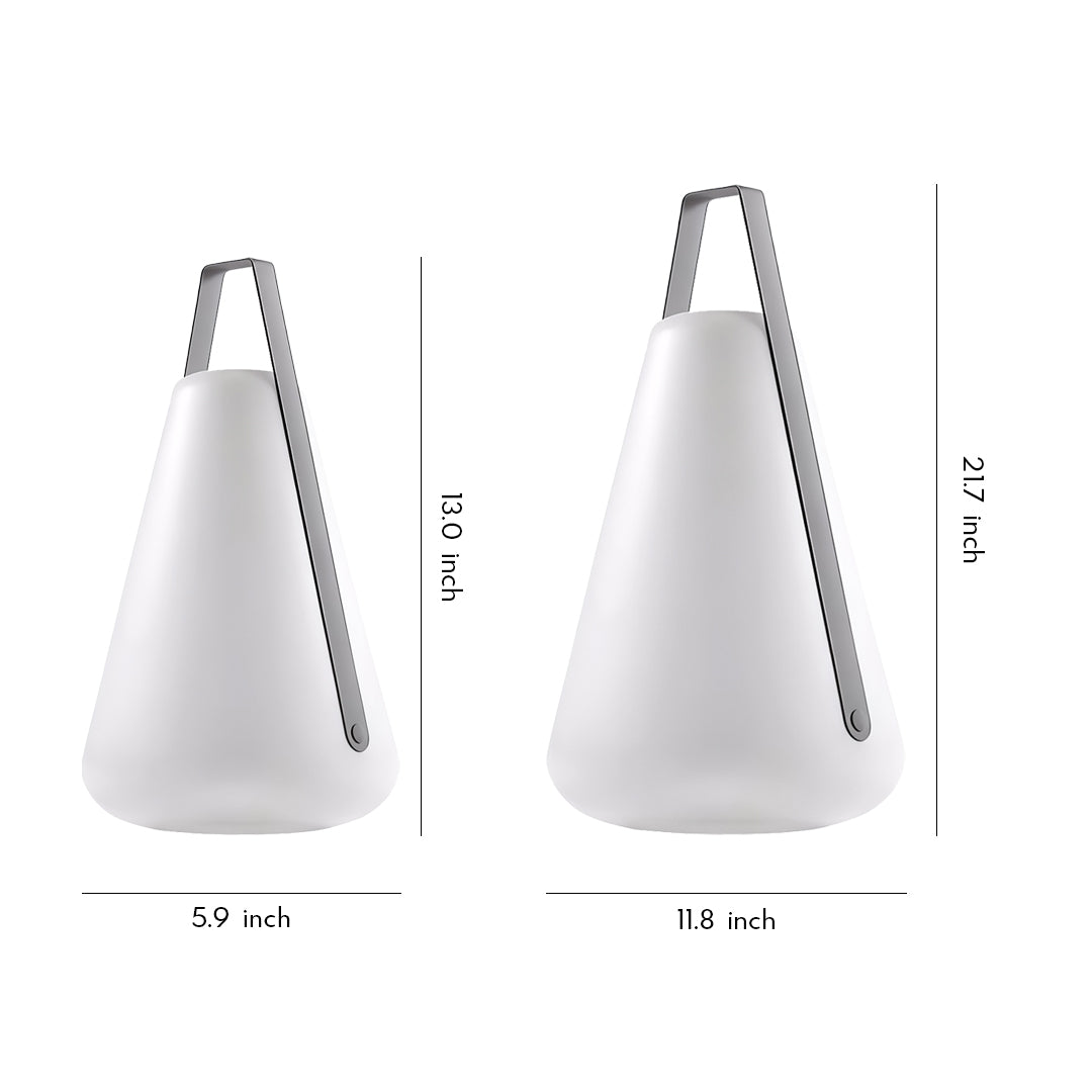 A sleek white portable led lantern with a cone-shaped body and metal handle, designed for easy carrying and modern ambient lighting.
