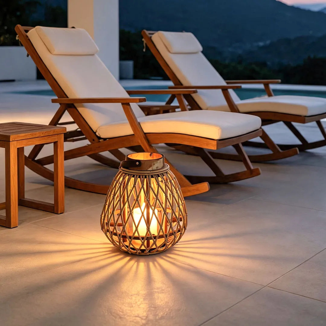 Portable LED lanterns placed beside outdoor lounge chairs creating a warm ambient glow at night.