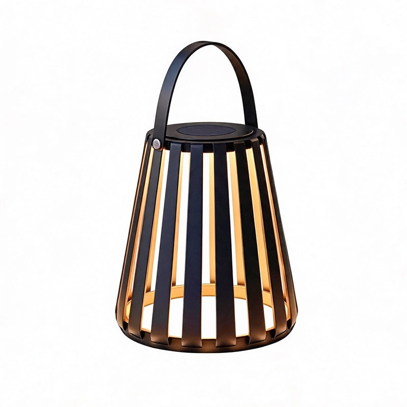 Portable LED light lantern with a black handle, tapered slatted frame, and warm inner light.