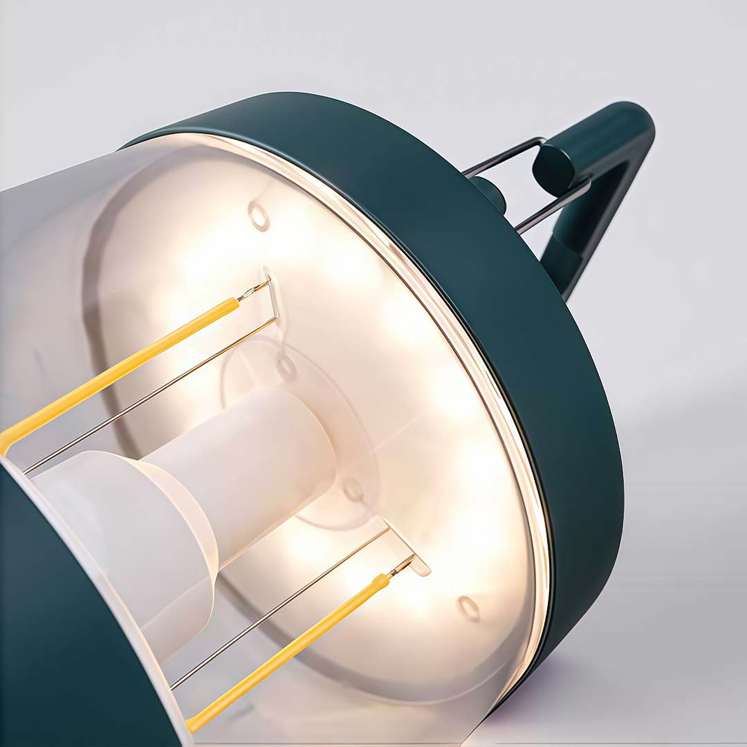 Portable rechargeable LED lamp with a close-up of its base and charging cable.