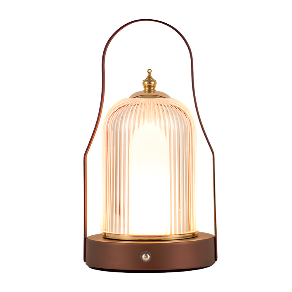 Portable rechargeable LED lantern in brown, side view of the minimalist design.