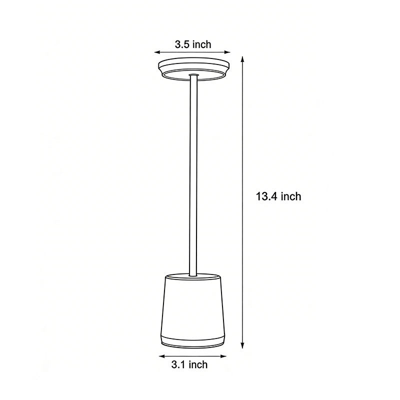 Line drawing of portable rechargeable LED table lamp dimensions, providing installation specifications.