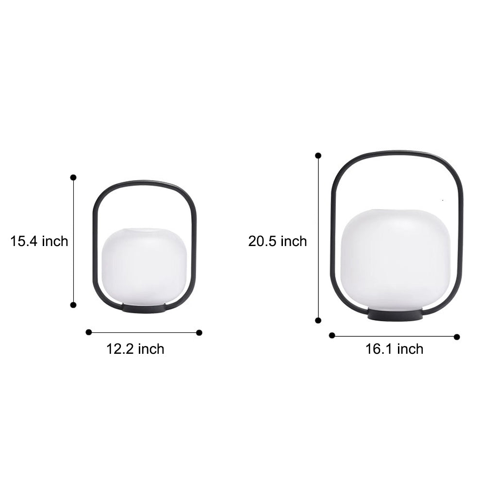 Dimension diagram of portable solar lantern, showing various sizes for installation.