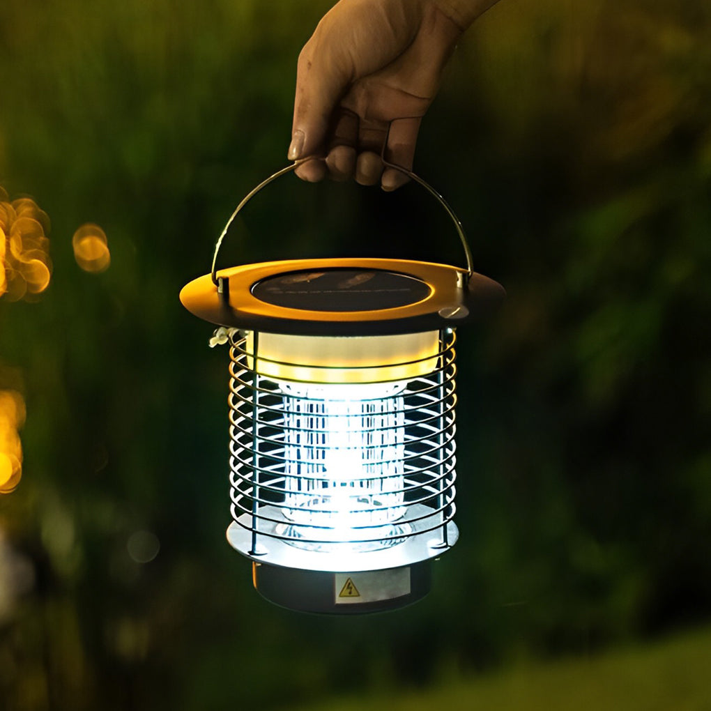 Portable solar light bug zapper lantern with handle, suitable for outdoor use.