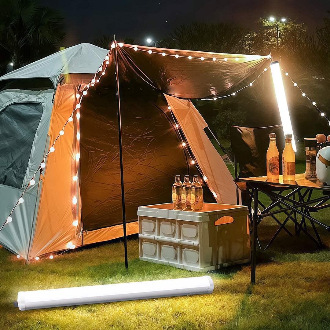Portable tube-style outdoor wall lighting modern used for illuminating a camping tent at night.