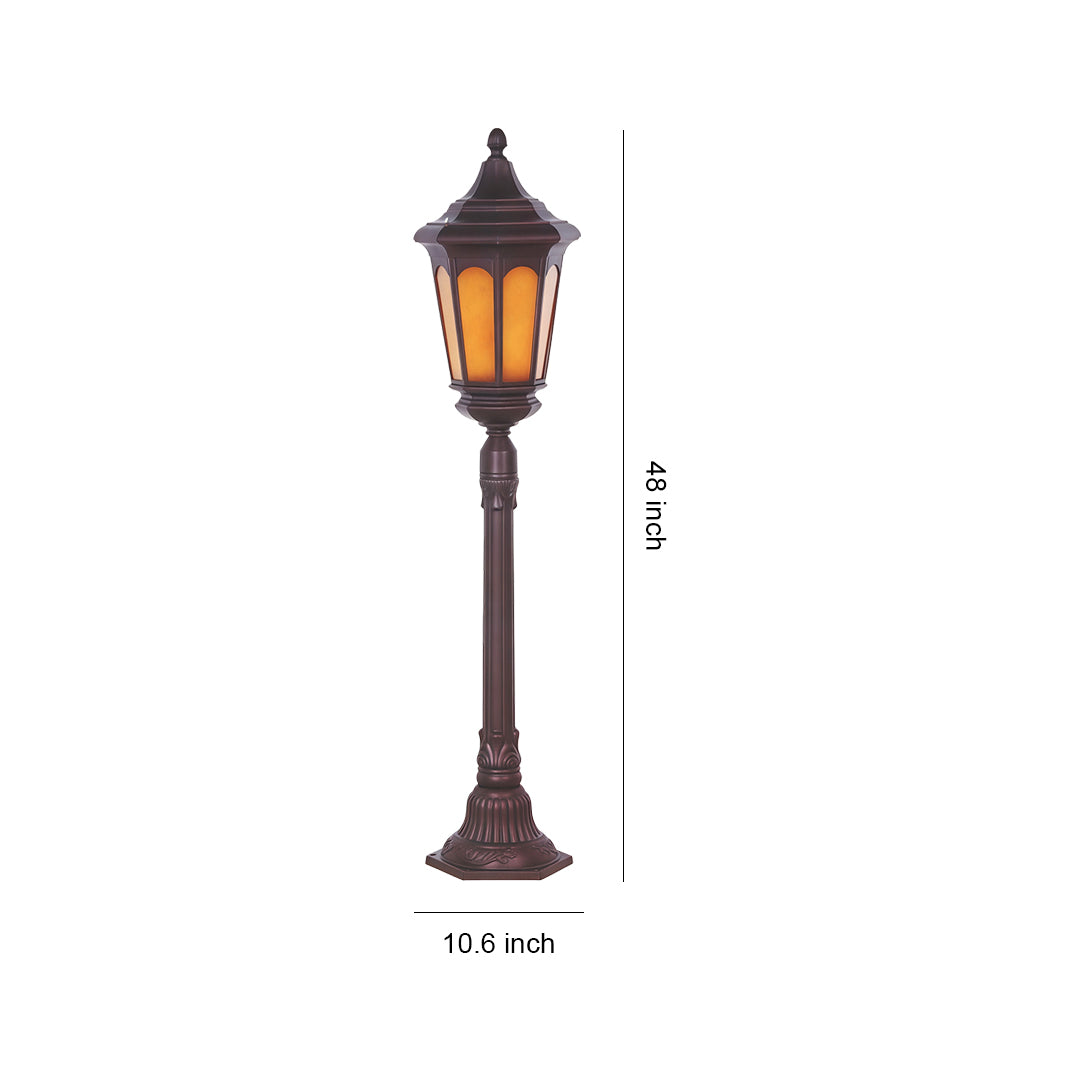 Post path light with amber glass lantern and tall bronze post, displayed with height measurement reference