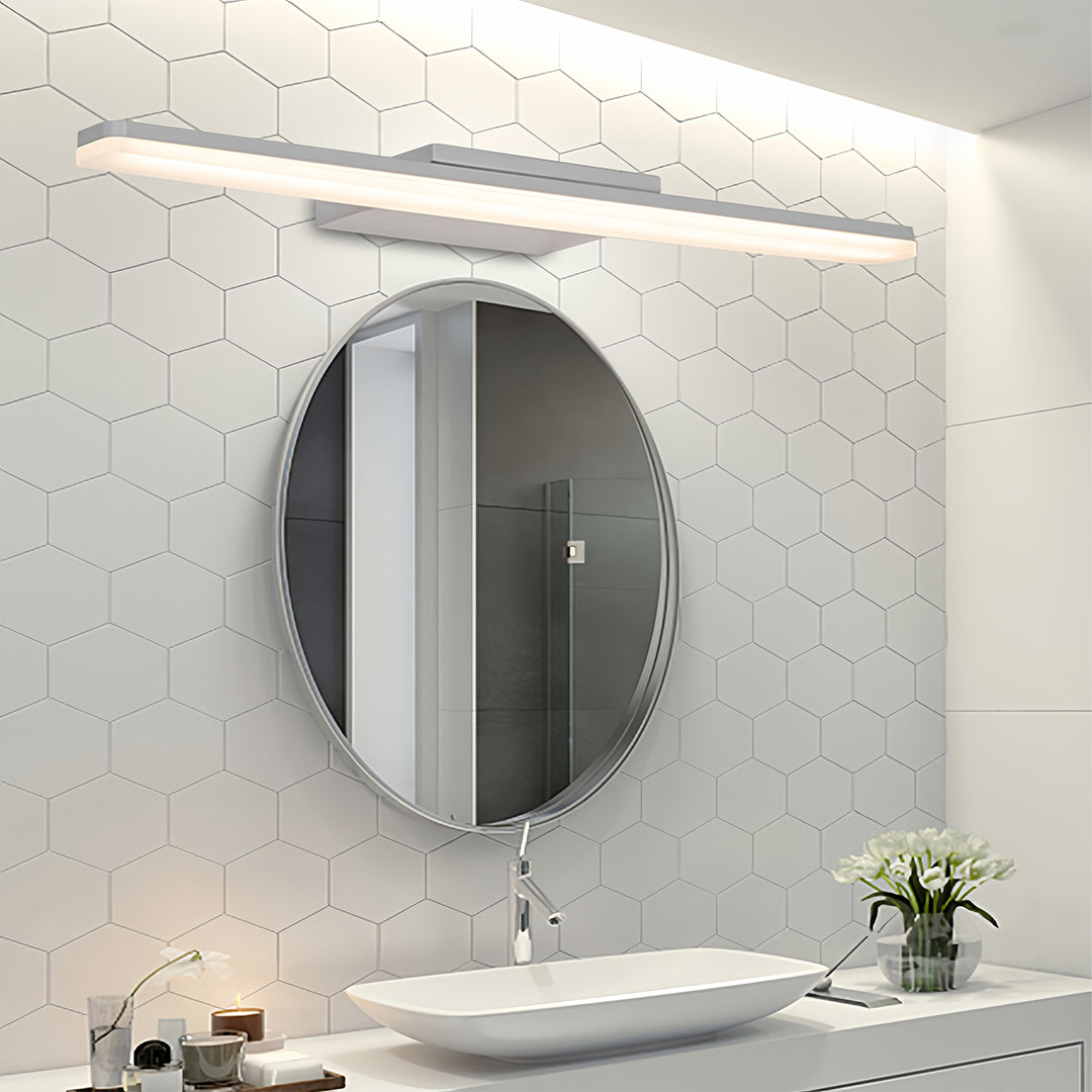 Elegant powder room featuring small black pendant light with clean linear design above sink
