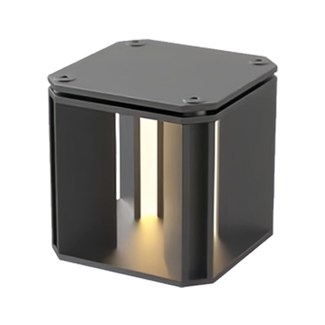 Premium black cube main gate pillar light design offering warm downward lighting for main entrances.