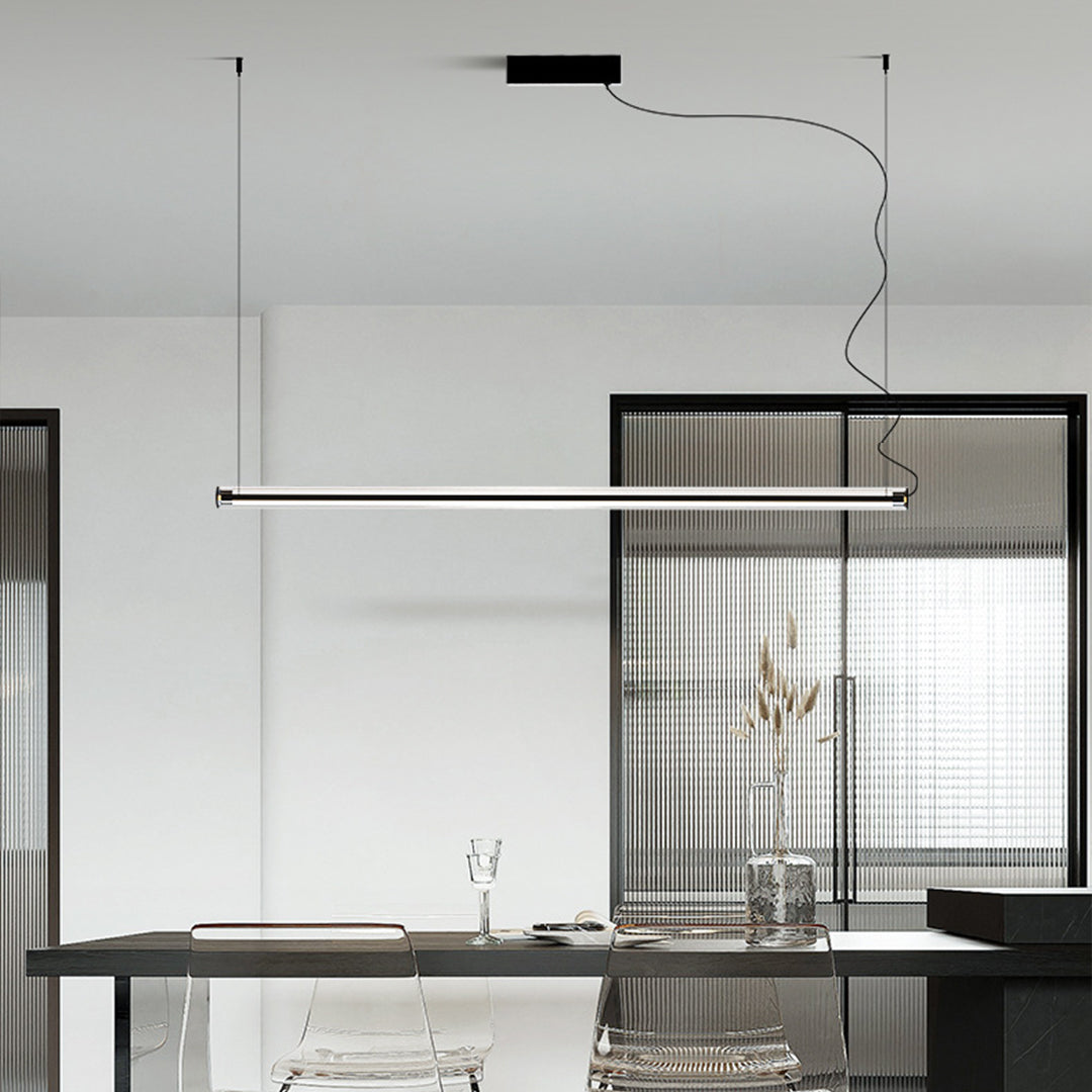 Premium linear pendant light with refined black finish enhancing upscale kitchen interior