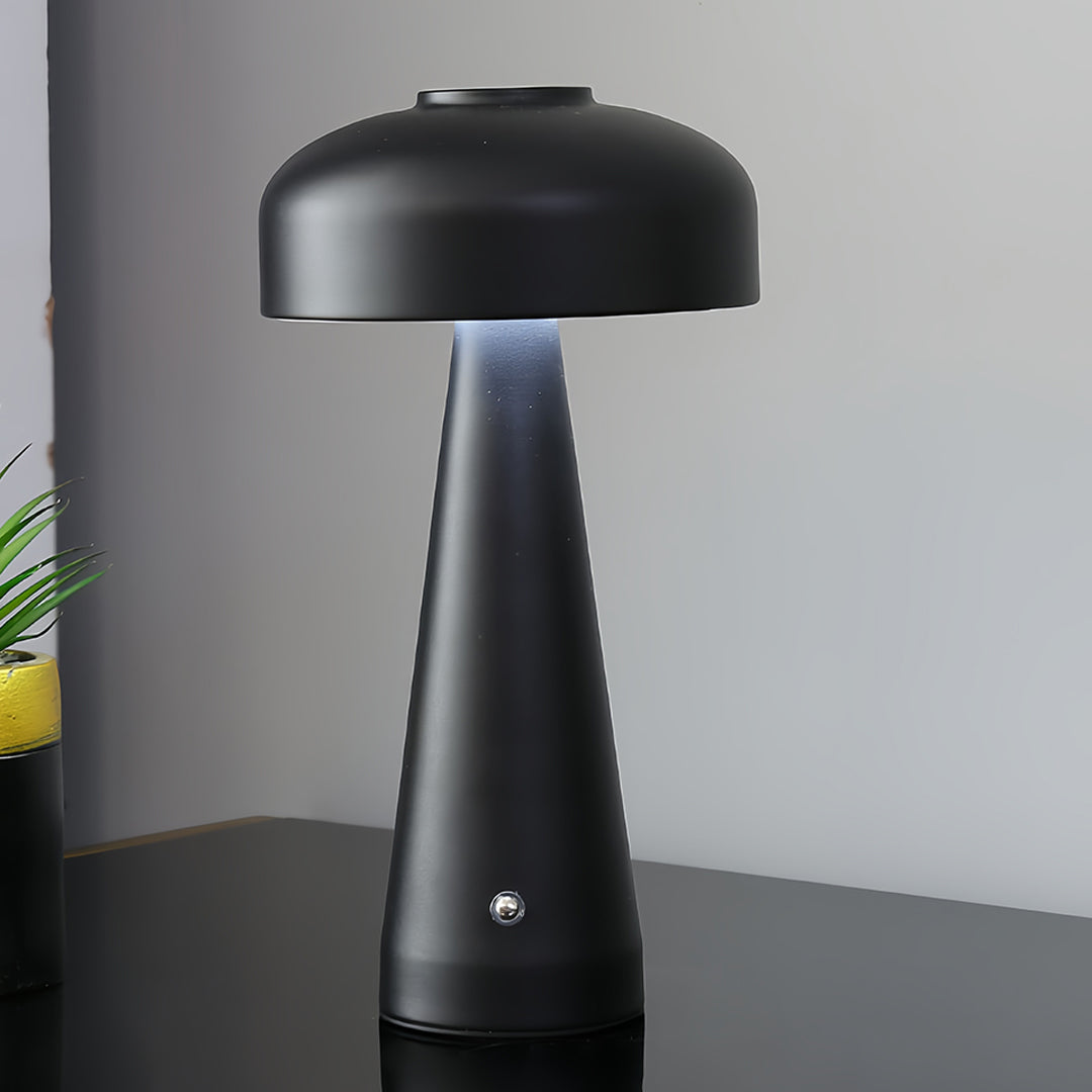 Close-up detail of small black pendant light showing premium black mushroom table lamp finish