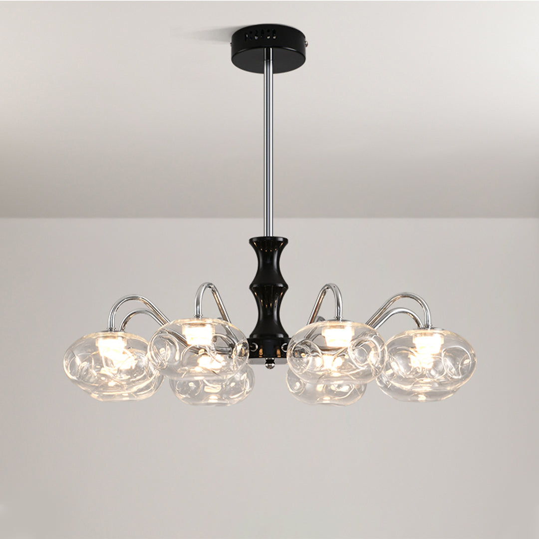 Premium art glass chandelier featuring curved glass shades suspended from black metal ceiling mount