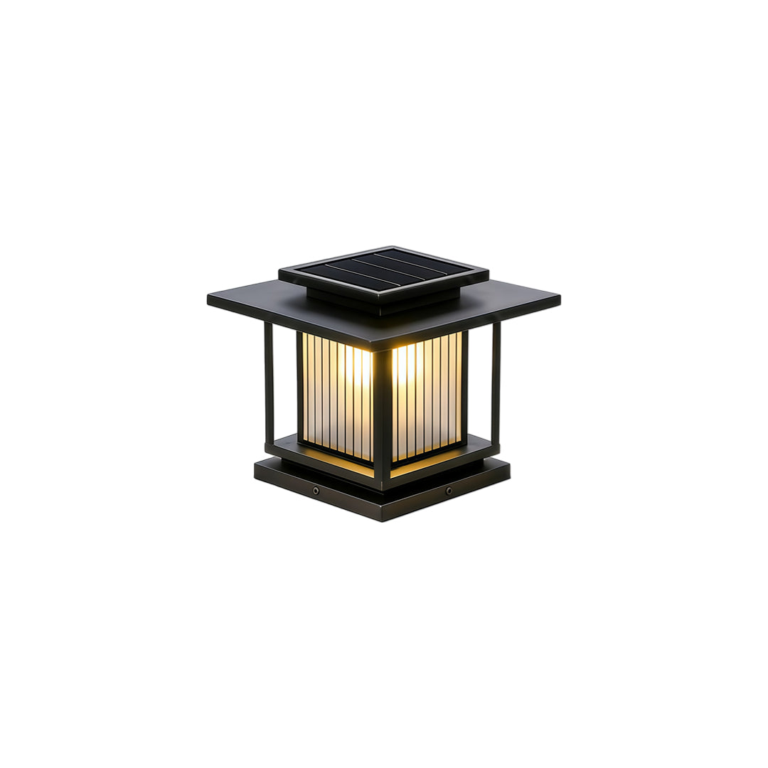 Premium driveway pillar solar lights with integrated solar panel and modern lantern style housing.