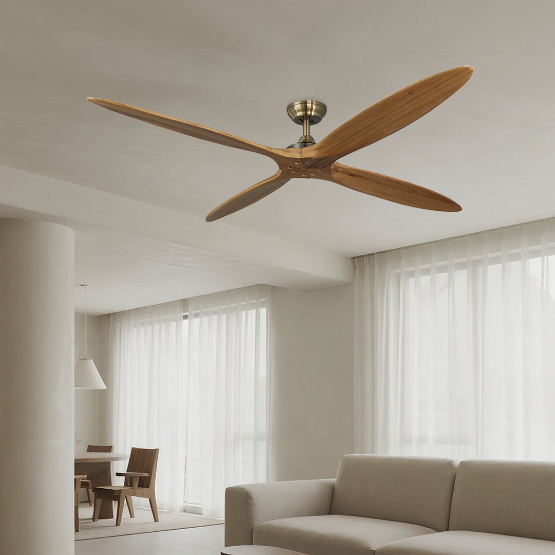 Premium wooden remote controlled ceiling fan in stylish living room with contemporary design