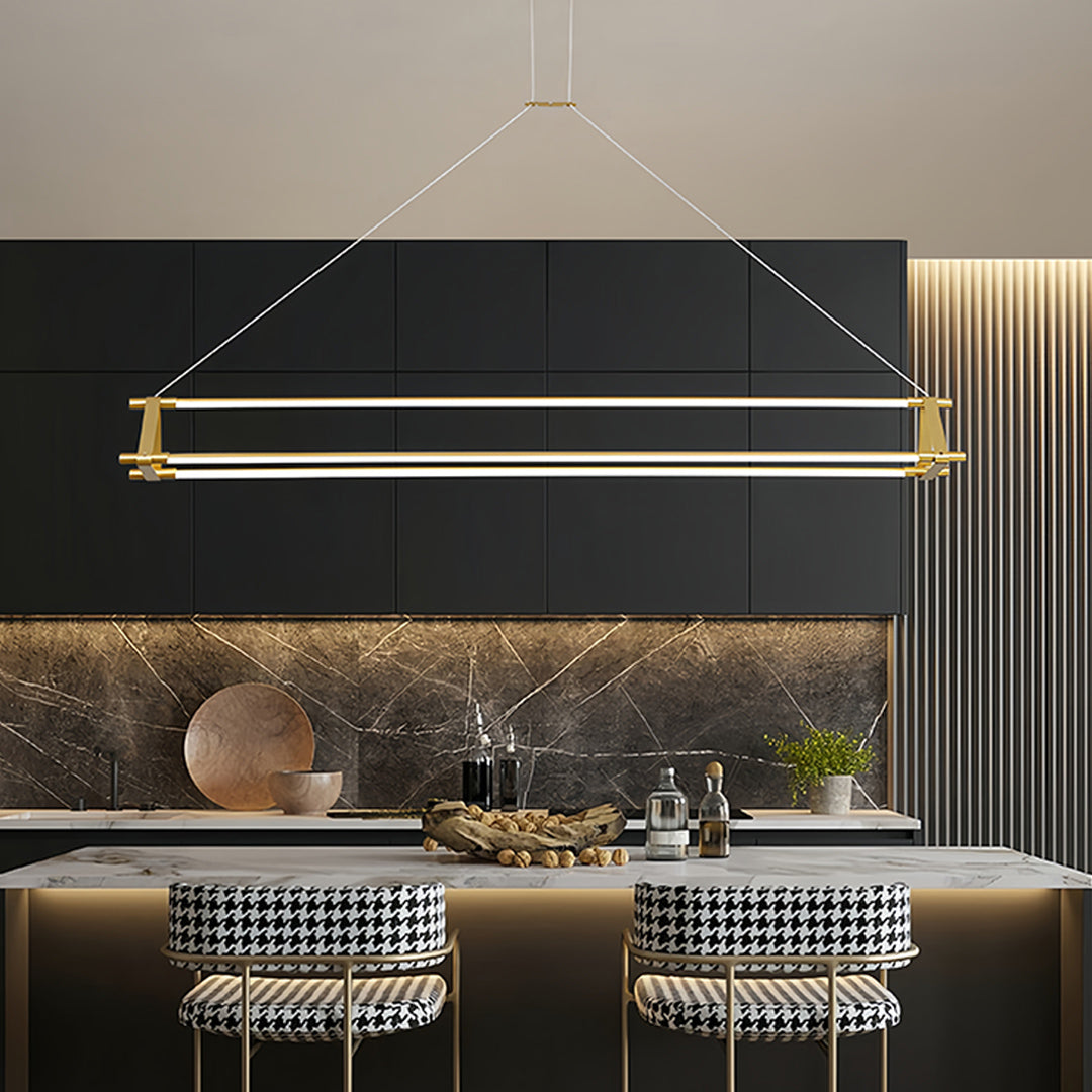 Premium linear pendant lights featuring golden hardware suspended over luxurious restaurant setting