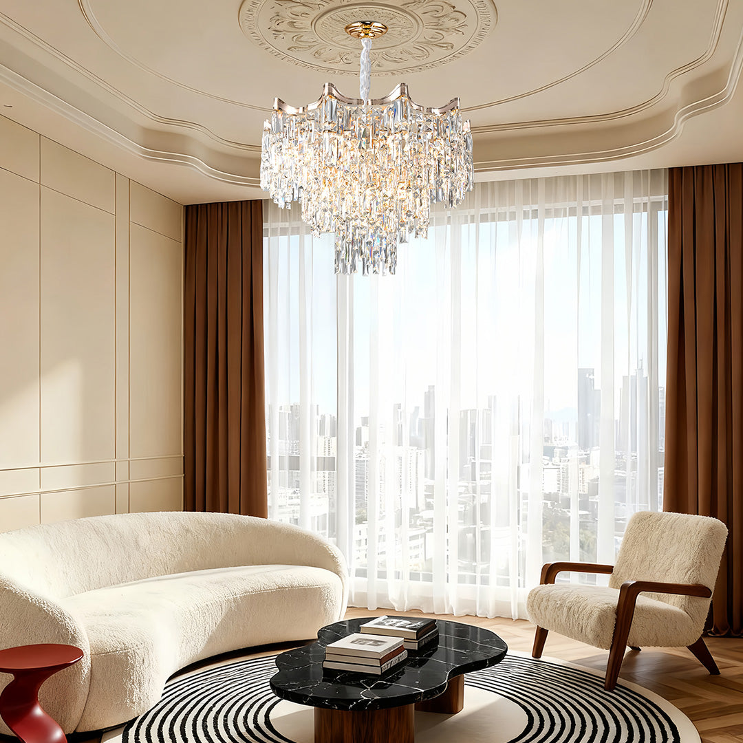 Premium tiered glass chandelier illuminating luxurious bedroom with rich wood and elegant furnishings