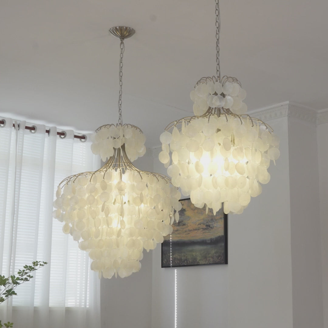 Load video: Tiered Capiz Shell Chandelier: Elegant French Style Hanging Lighting