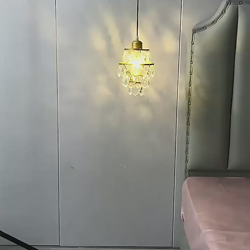 Load video: 1-Light Crystal Small Pendant Light in Gold/Black Mini Chandelier