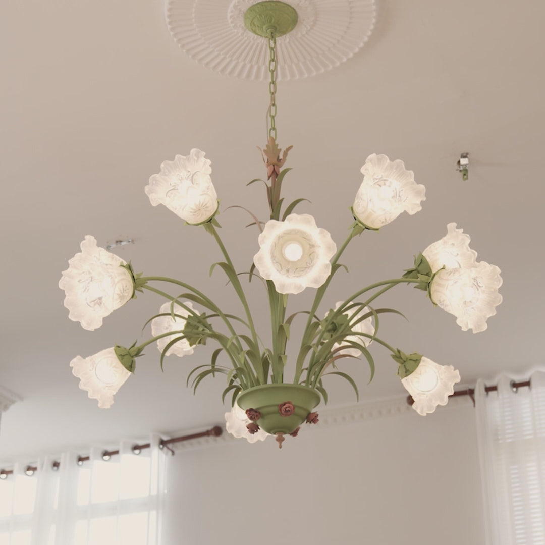 Load video: Modern Pastoral Green Flower Hanging Chandelier - 3/6/8-Light