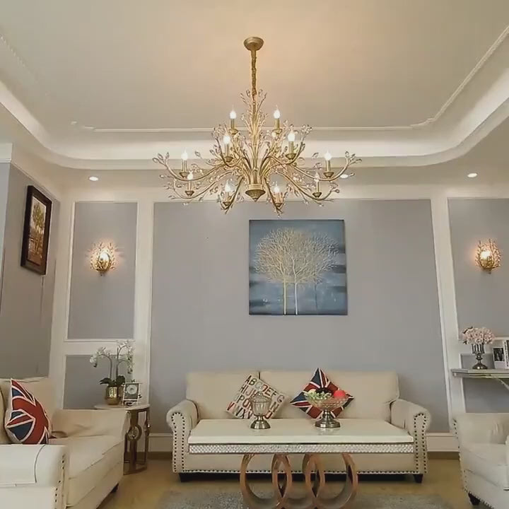 Load video: 6/9-Light Brass Branch Candle Vintage Chandelier with Crystal Accents