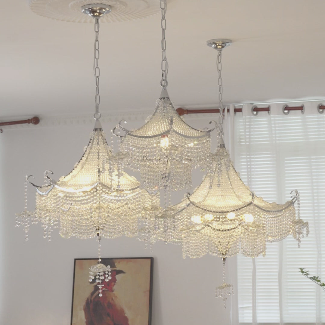 Load video: Elegant Pagoda Crystal Chandelier with LED Dimming - Elegant Chrome Finish