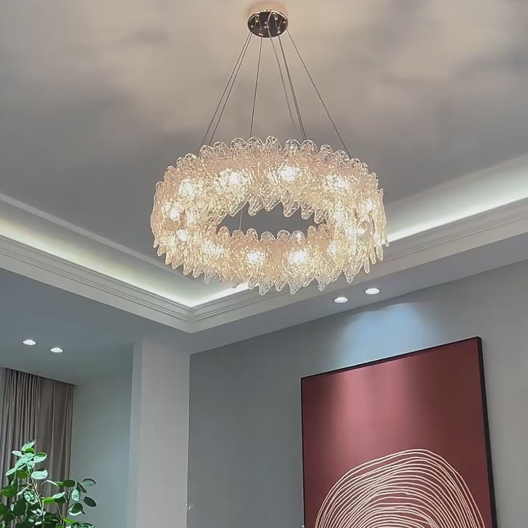 Load video: Handmade Leaf Glass Round 3 Step Dimming Luxury Post-Modern Chandelier