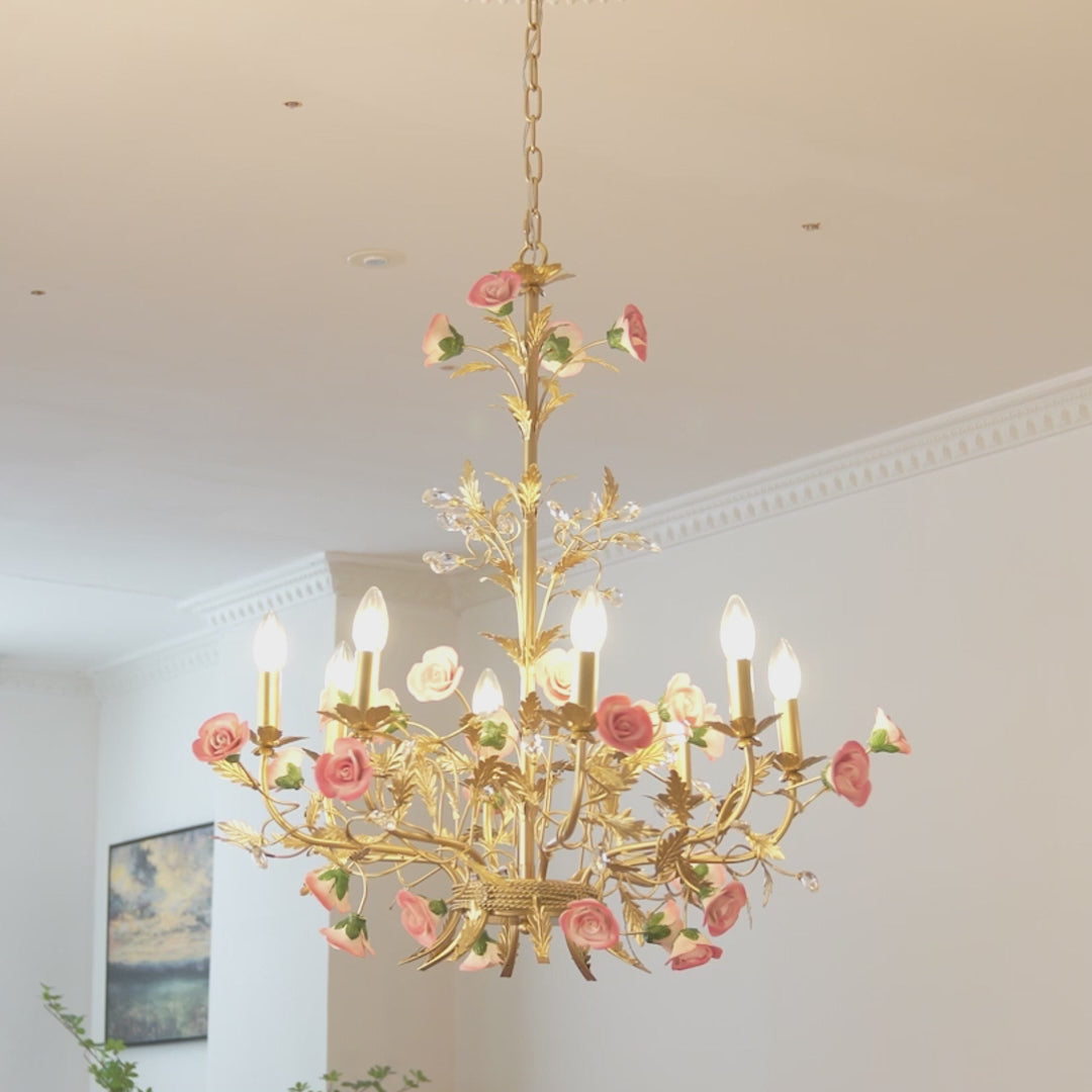 Load video: French Luxury Ceramic Pink Roses Chandeliers: 6/8-Light Candlelight Pastoral Charm