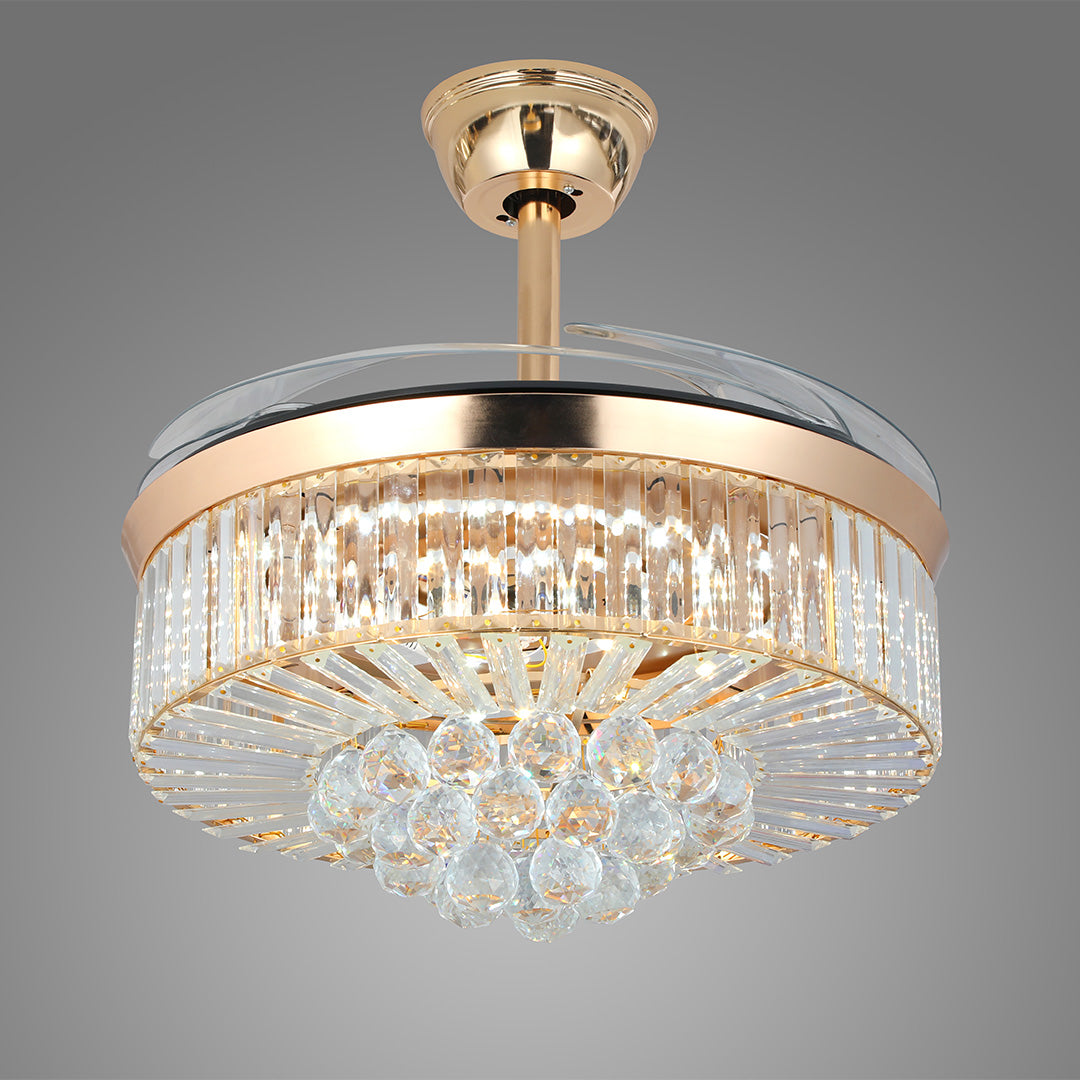 High-quality view of the prismatic crystal ceiling fans with lights and polished gold band 