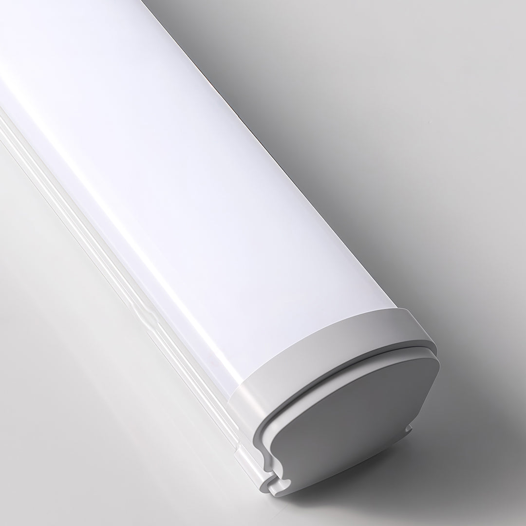 Detailed product close-up of the end cap and diffuser on the outdoor wall lighting modern tube light.