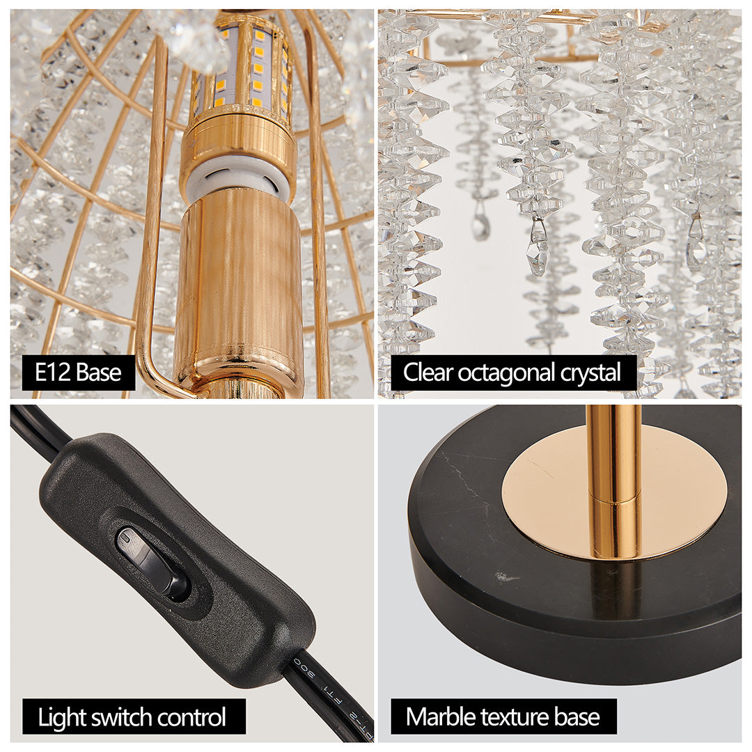 Product detail images of gold bedside table lamp showing glass shade chandelier construction, switch mechanism, and base design.