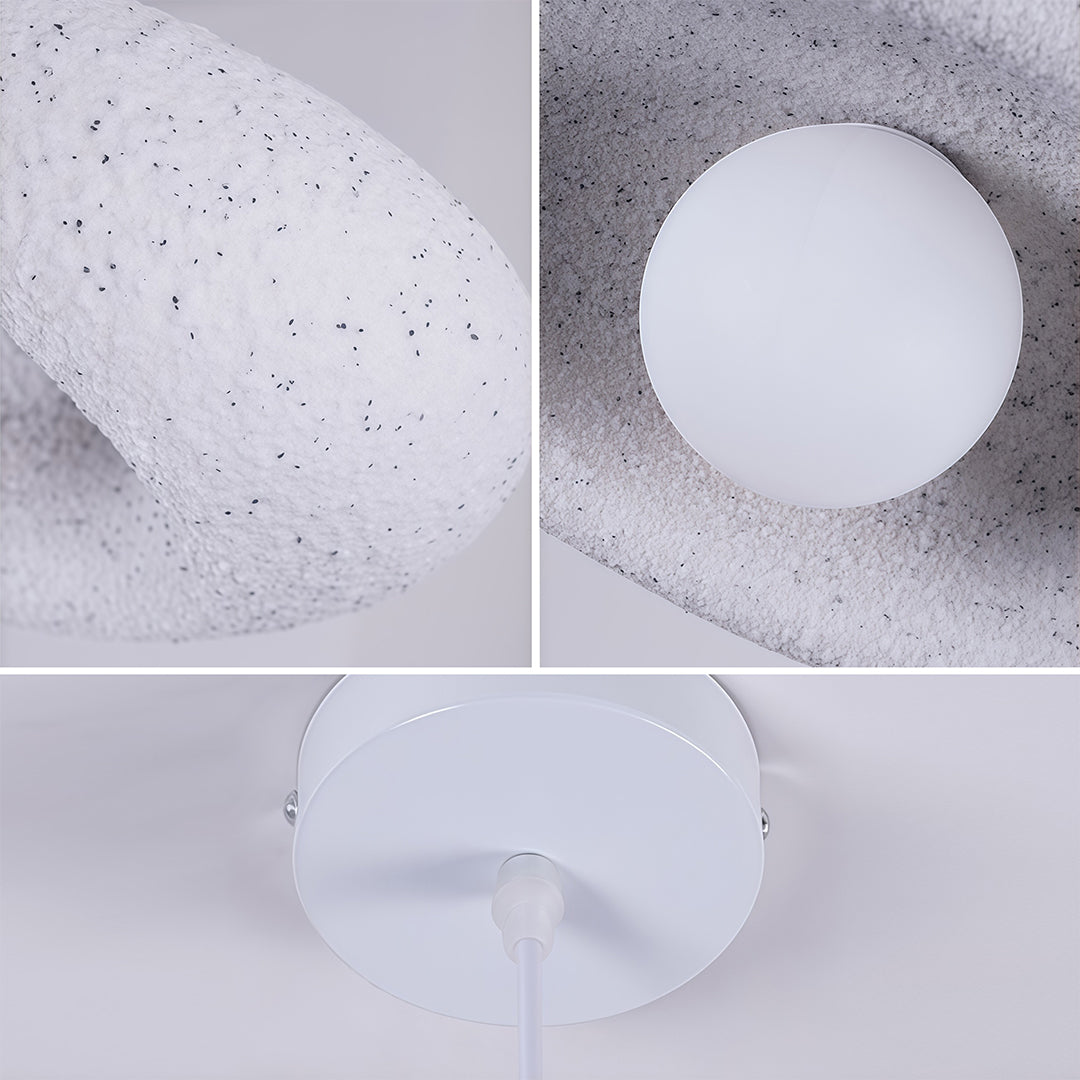 Product detail of Japanese pendant lights with glass shade chandelier influence showing white disc shade and spherical light components.