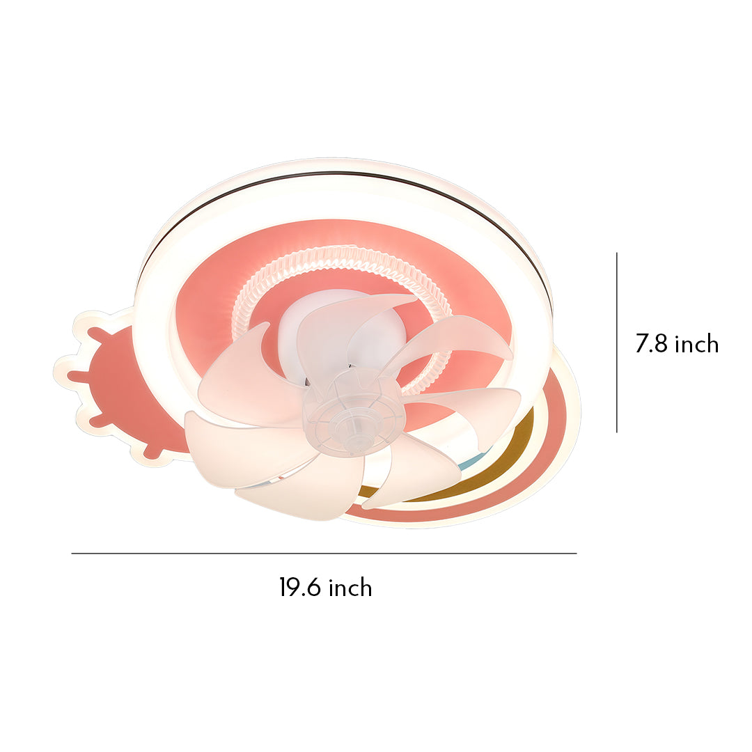 Product dimensions for the pink floral beautiful ceiling fans with lights, measuring 19.6 inches wide with a 7.8-inch drop. 