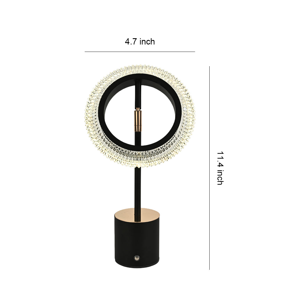 Product dimensions of the ring table lamp: 11.4 inches tall and 4.7 inches wide at the crystal ring.