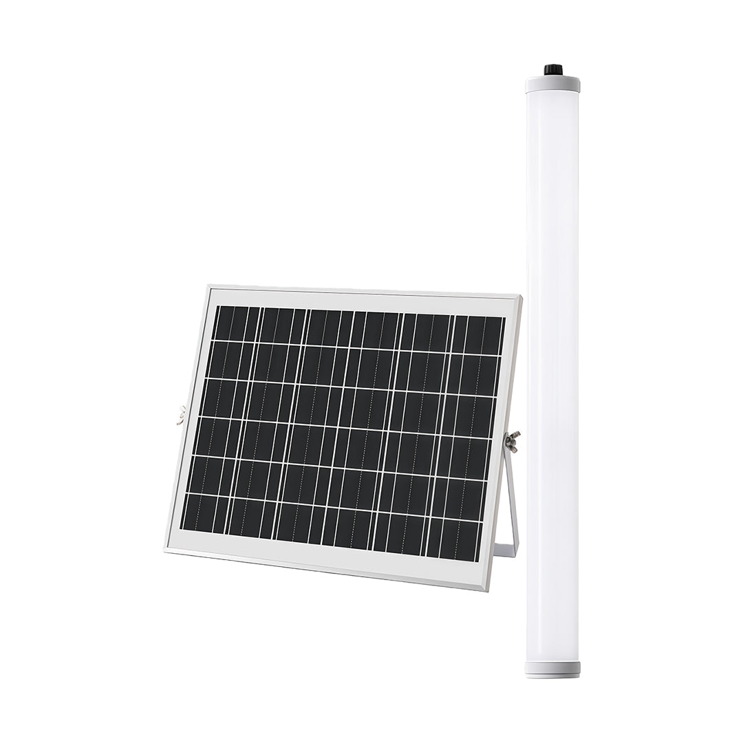 Product image of the outdoor wall lighting modern tube and its accompanying solar charging panel on a white background.