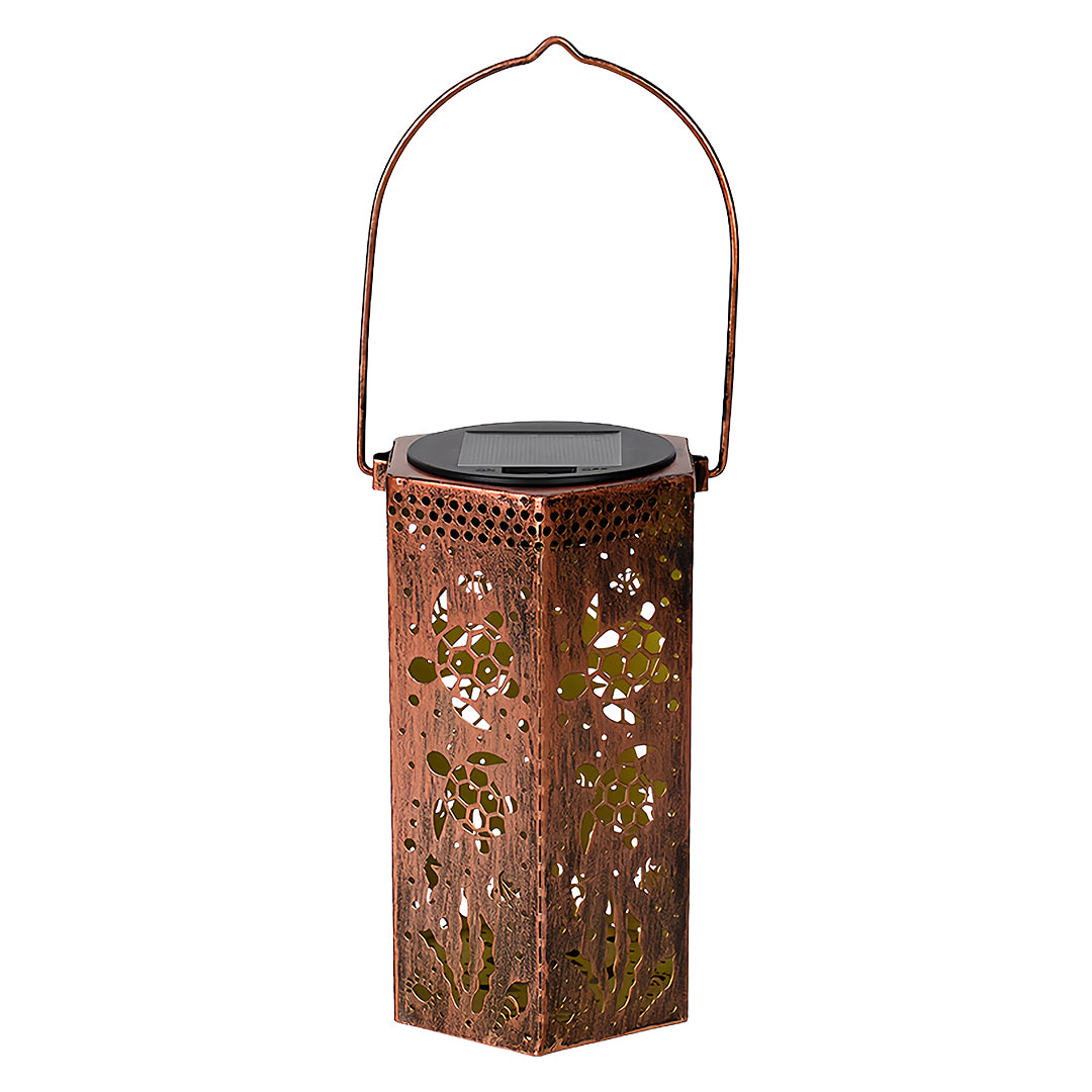 Product isolation of a copper-finish red outdoor lantern with fine laser-cut details on white background.