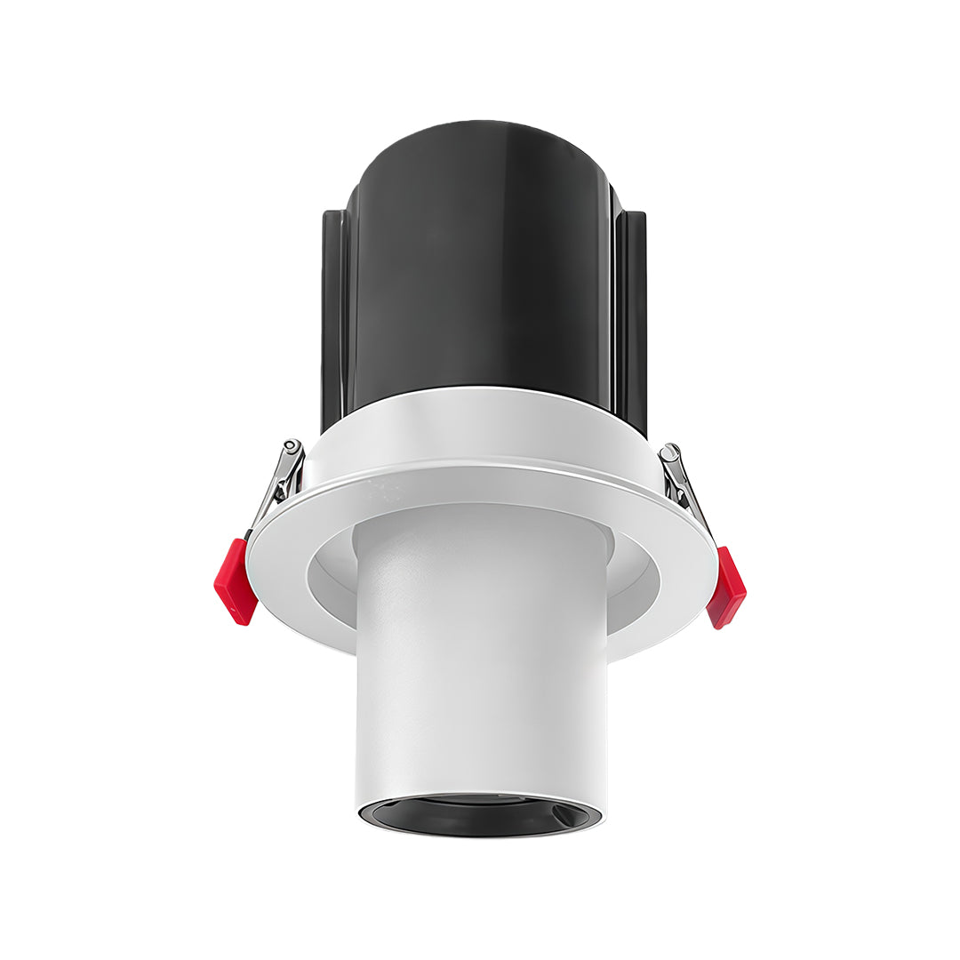 Product photo of a white and black led ceiling downlights fixture with red spring clips, isolated on white.