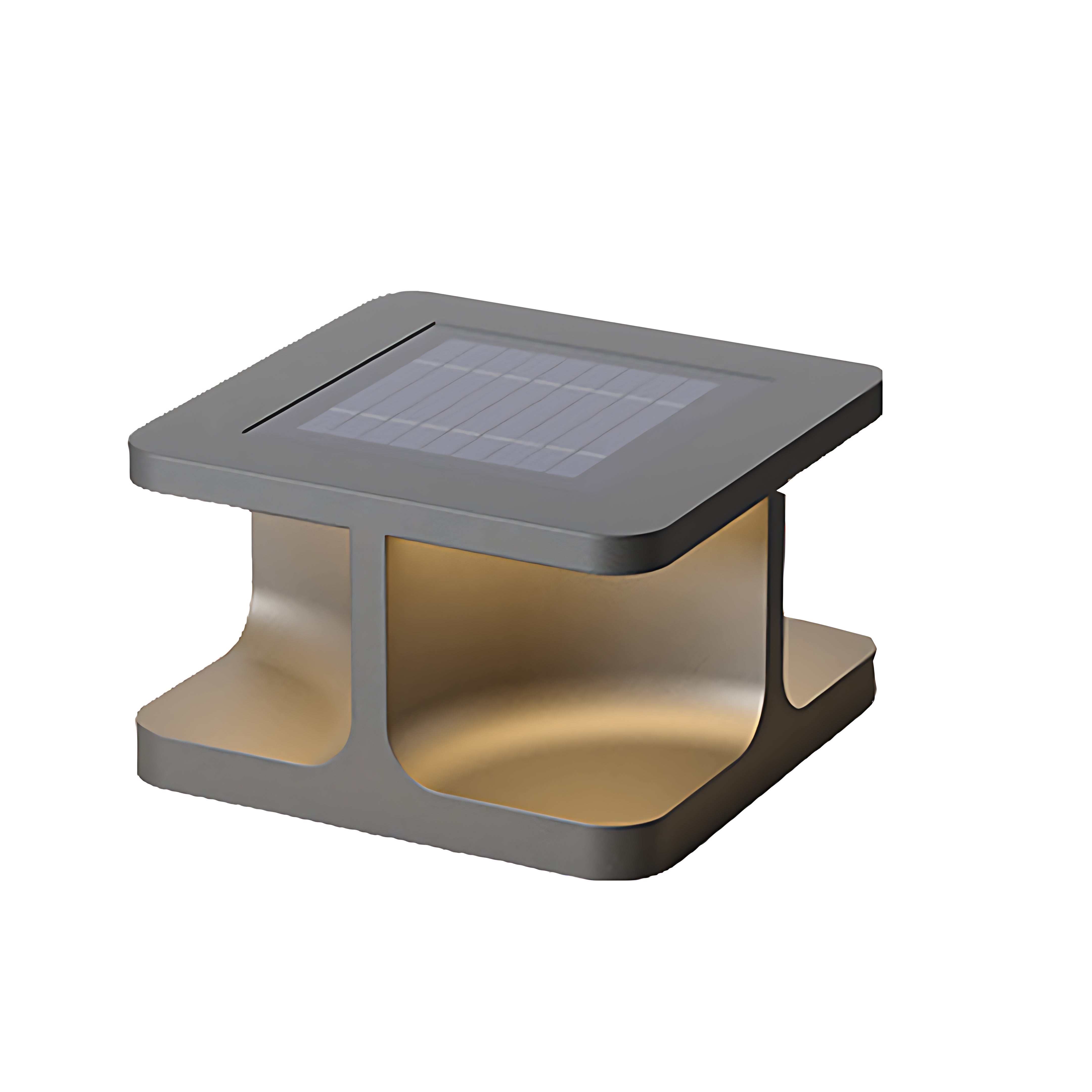 Product view of square rechargeable table lamp featuring geometric pillar construction and lighting