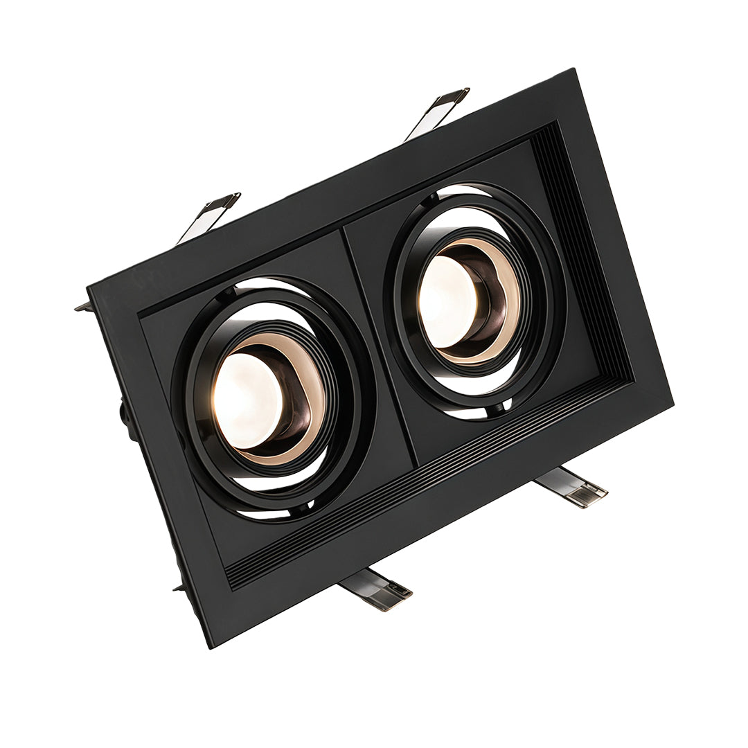Professional black LED indoor spotlight with dual adjustable heads and glass shade chandelier inspired design.