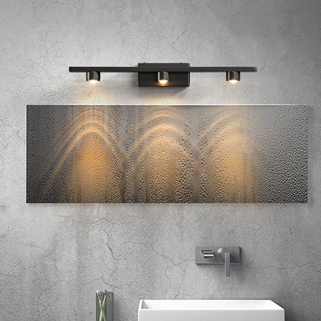 Professional black vanity lights for bathroom creating dramatic lighting effects on textured wall surface