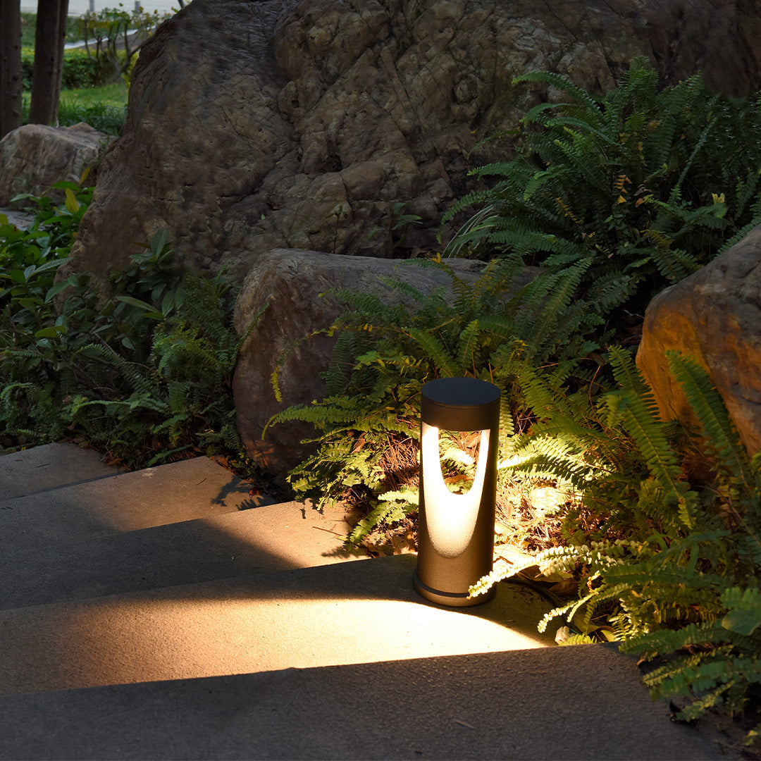 Professional landscape lighting design showcasing bollards integrated with natural garden elements