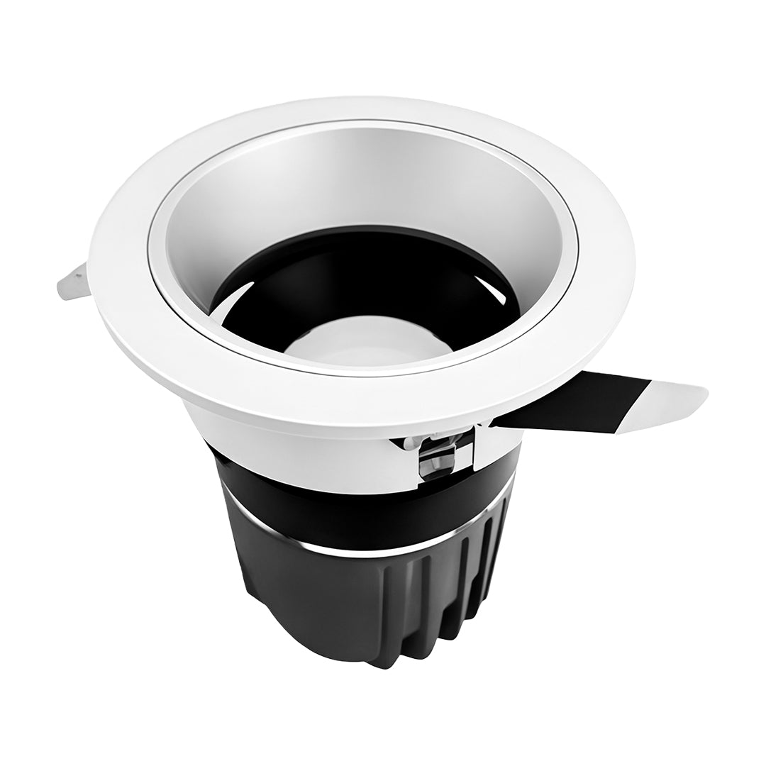 Professional flush mount spotlights with glass shade chandelier influence in white finish and deep black reflector housing.