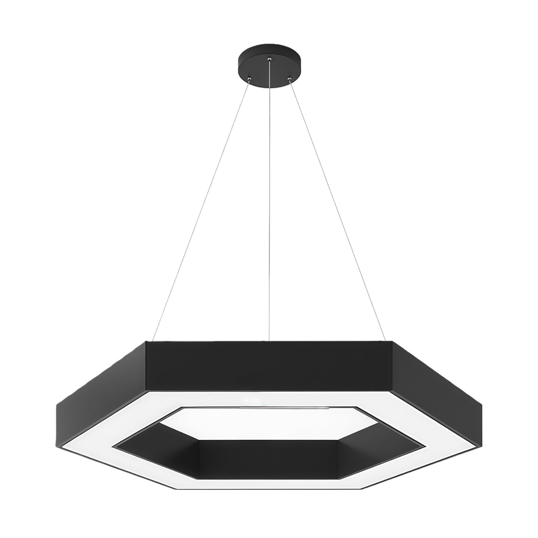 White and black geometric chandelier creating a contemporary lighting effect in a professional workspace.